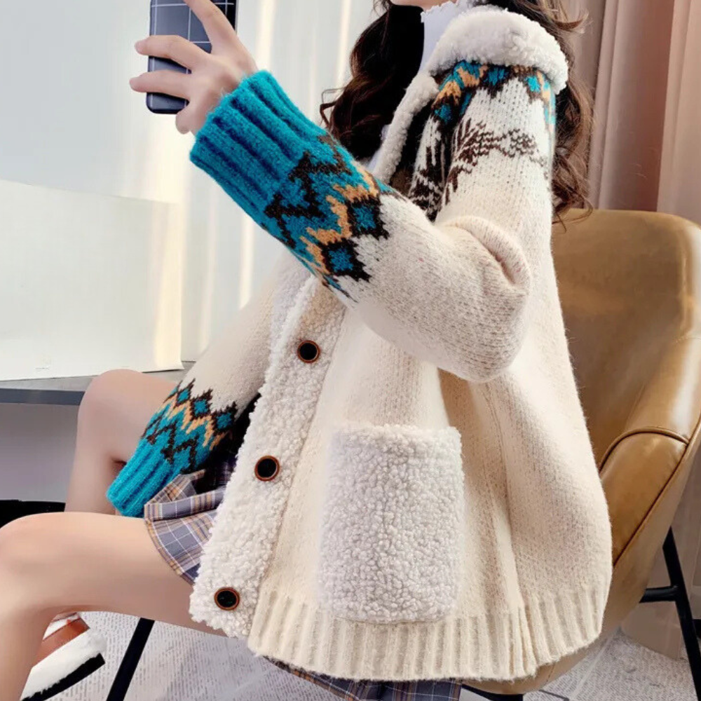 Damski Kardigan Dziany – Ciepły Sweter z Wzorem i Kieszeniami