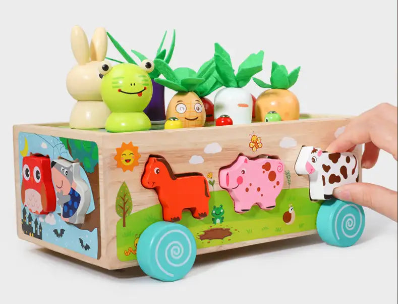 Drewniany Wózek do Zbioru i Sortowania – Edukacyjna Zabawka ze Zwierzętami i Warzywami