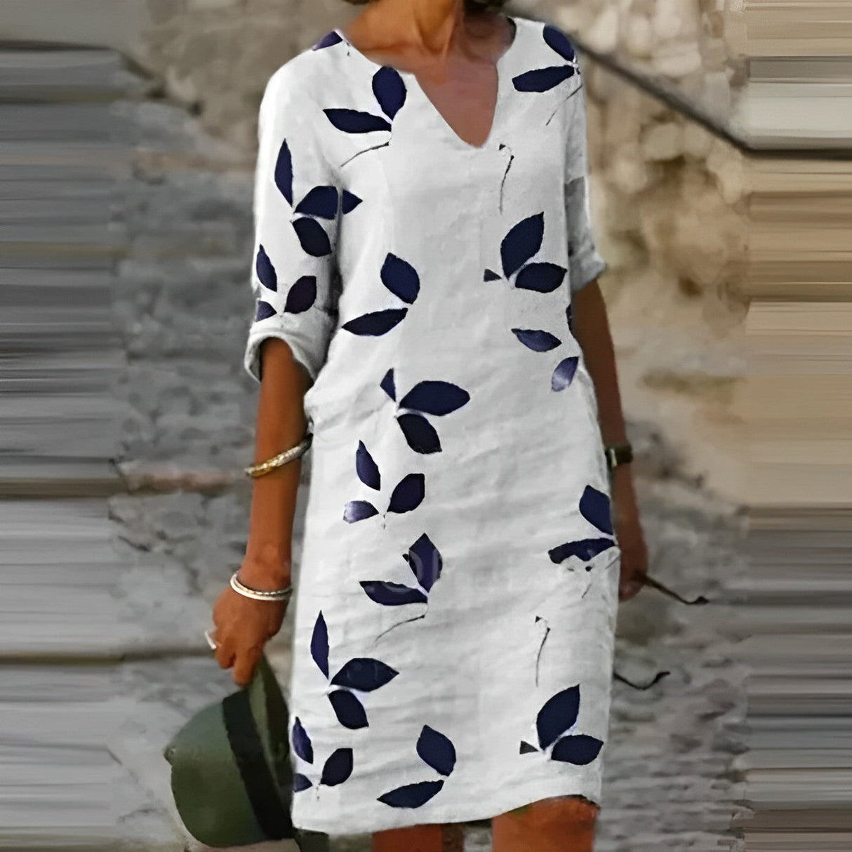 Sukienka Letnia Print Liście Dekolt V Lekka Damska Casual