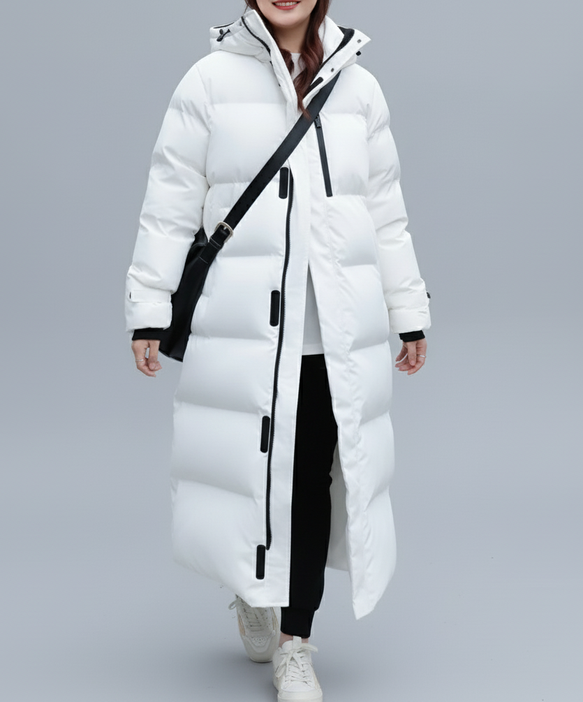 Długa damska kurtka puchowa – ciepło, komfort i minimalistyczny design