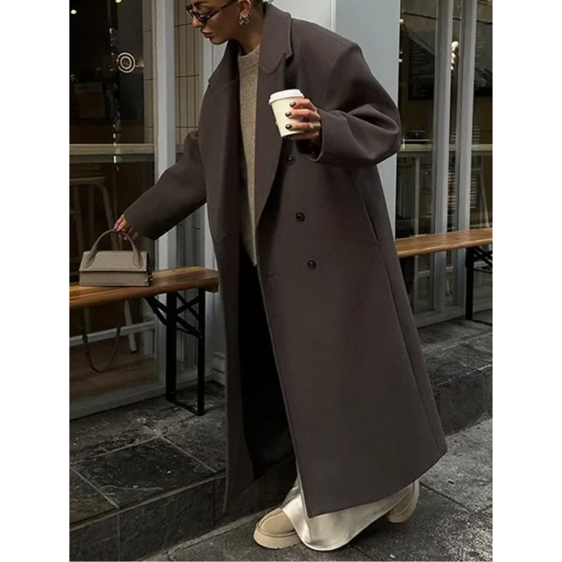 Długi Elegancki Płaszcz Damski – Stylowy Płaszcz z Klasycznym Krojem
