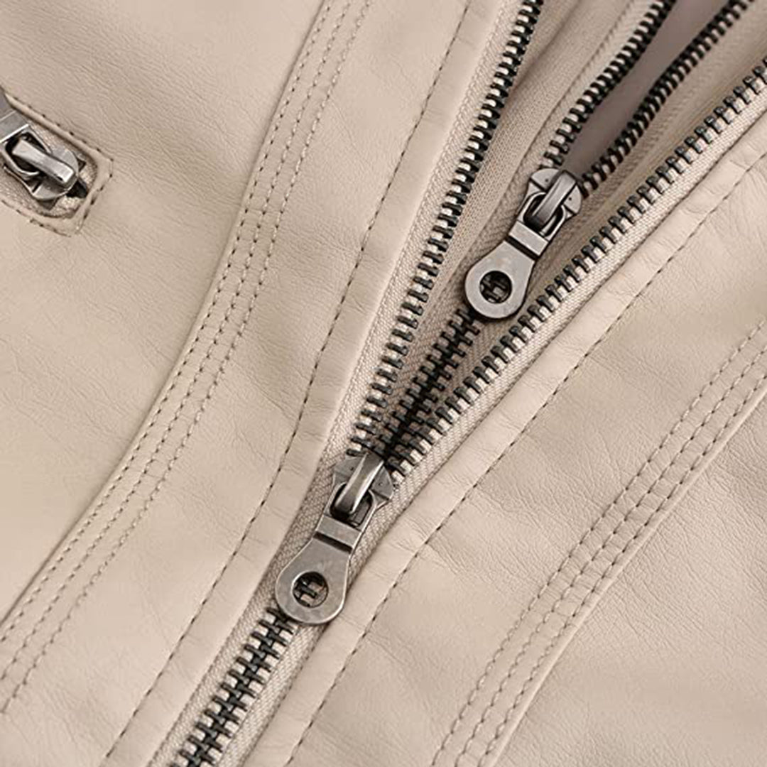 Elegancka Skórzana Kurtka Damska z Podwójnym Zamkiem i Kapturem