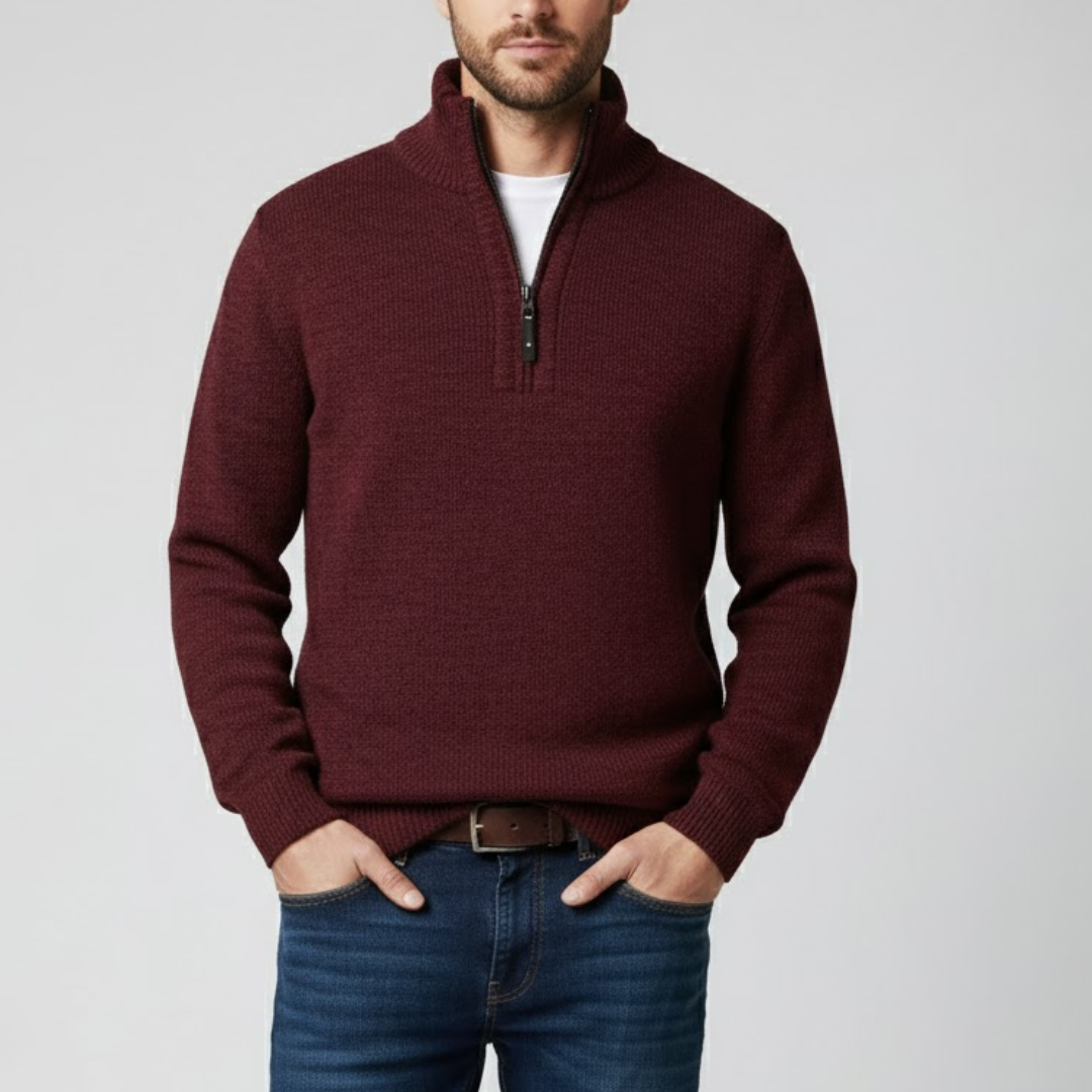 Męski Sweter Dziany z Zamkiem i Stójką