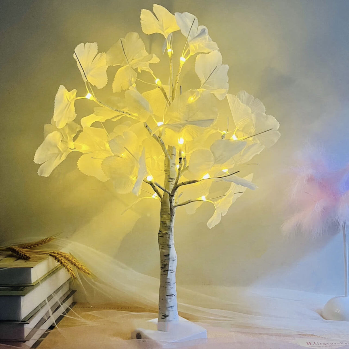 LED lampa stołowa Ginkgo drzewo 60cm dekoracja biała żółta nowoczesna oświetlenie na baterie zintegrowane LED