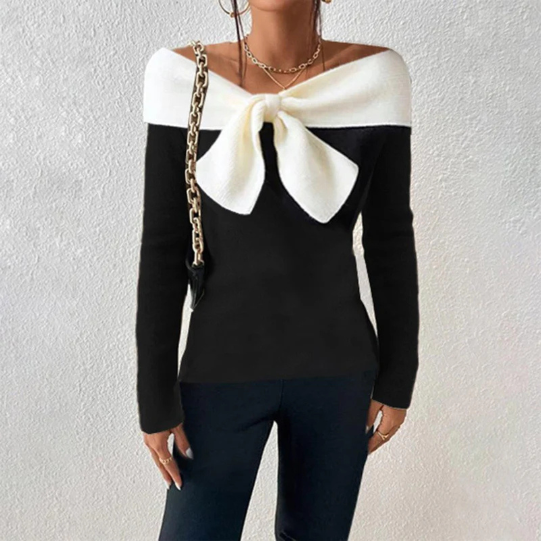 Sweter w serek z elegancką kokardą