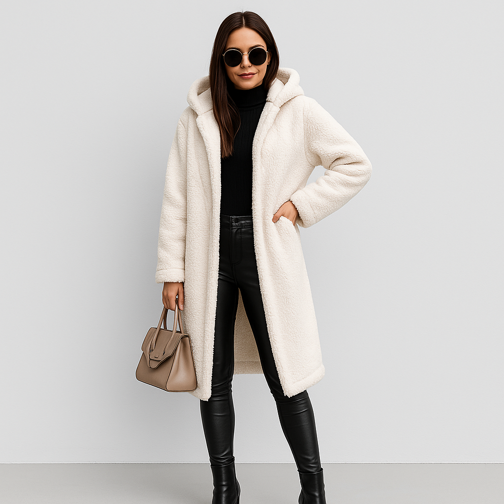 Długa damska zimowa kurtka z kapturem – ciepła, miękka i stylowa