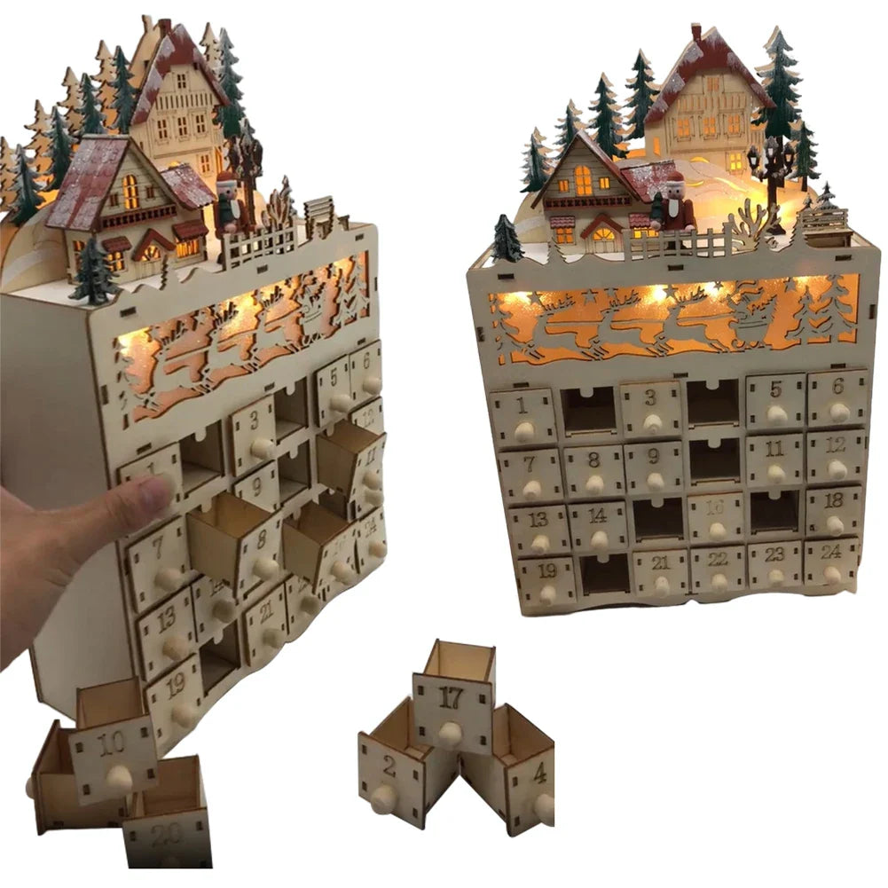 Drewniany Kalendarz Adwentowy z Podświetleniem – Wielokrotnego Użytku Kalendarz Świąteczny 24 Przegródki