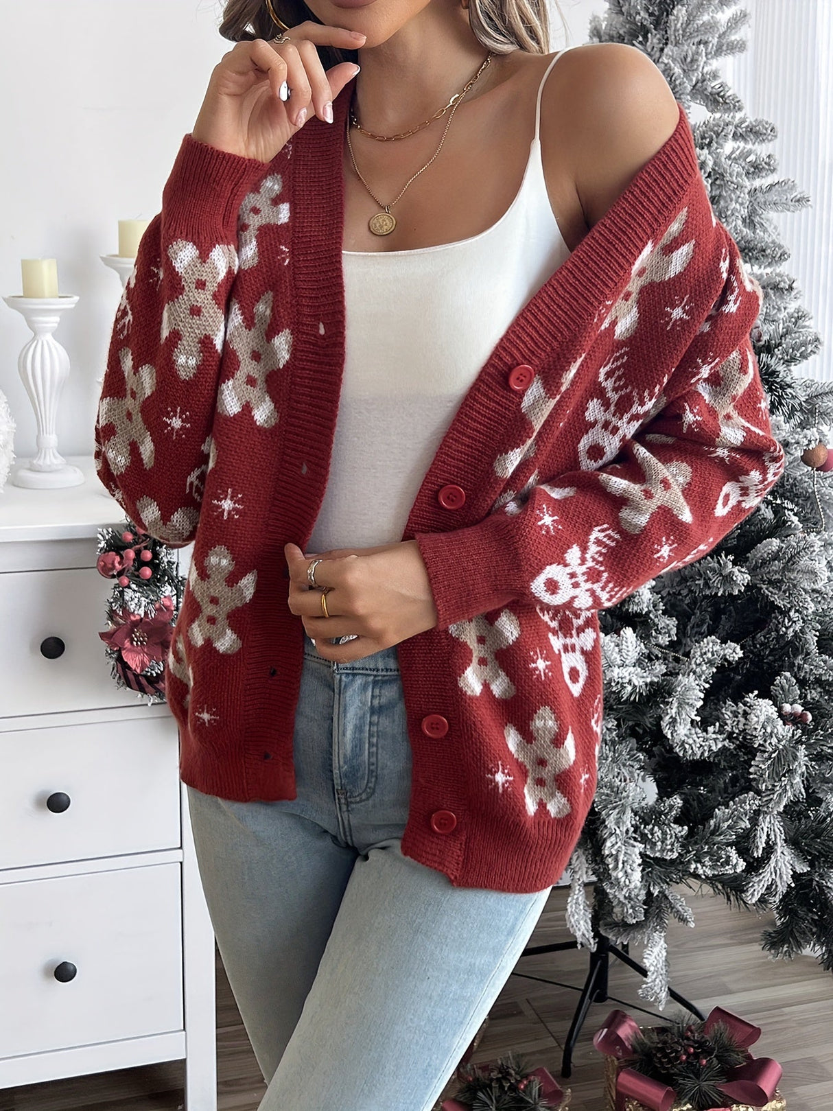 Świąteczny Kardigan z Płatkami Śniegu – Ciepły Damski Sweter Zimowy