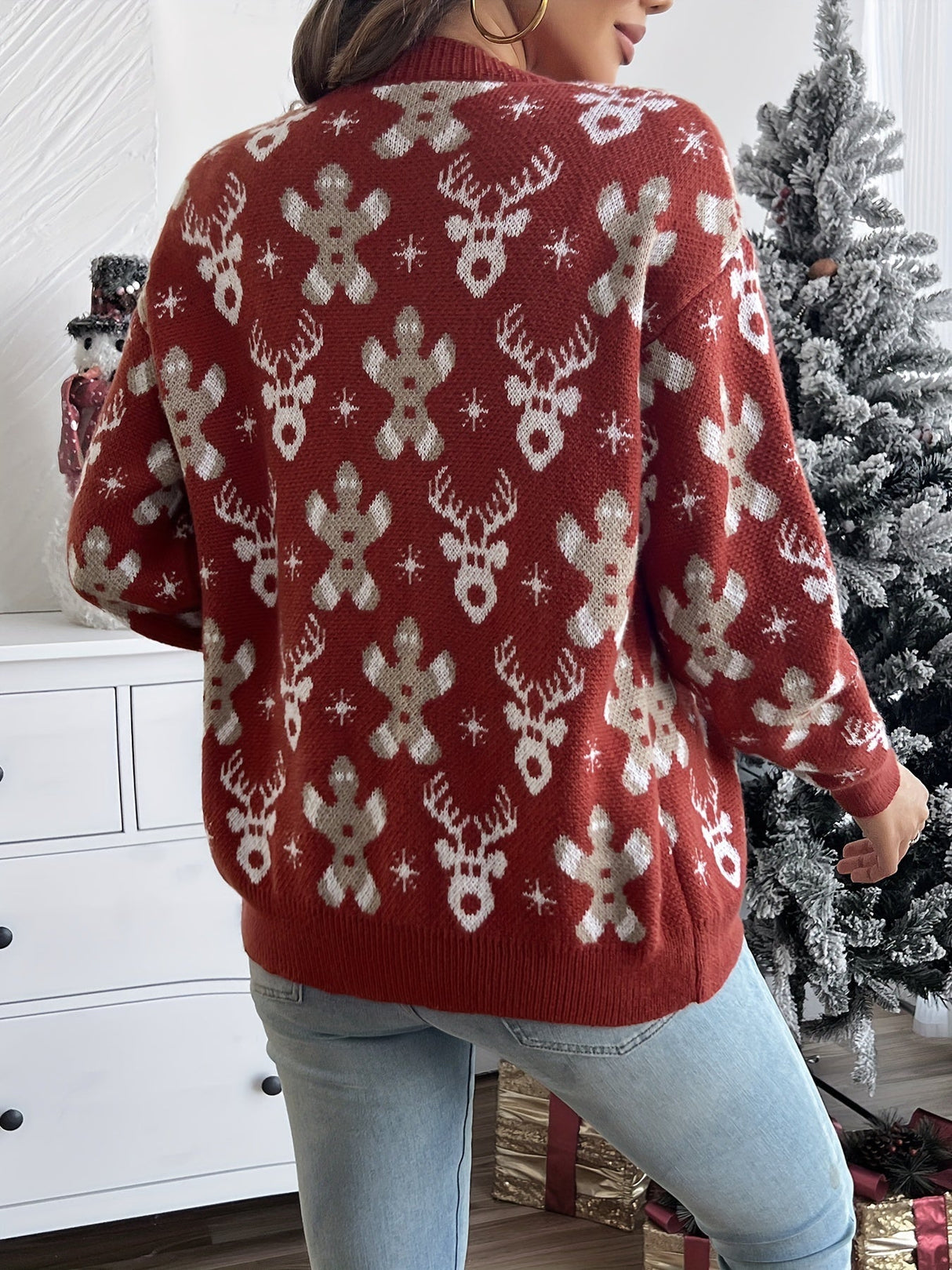Świąteczny Kardigan z Płatkami Śniegu – Ciepły Damski Sweter Zimowy