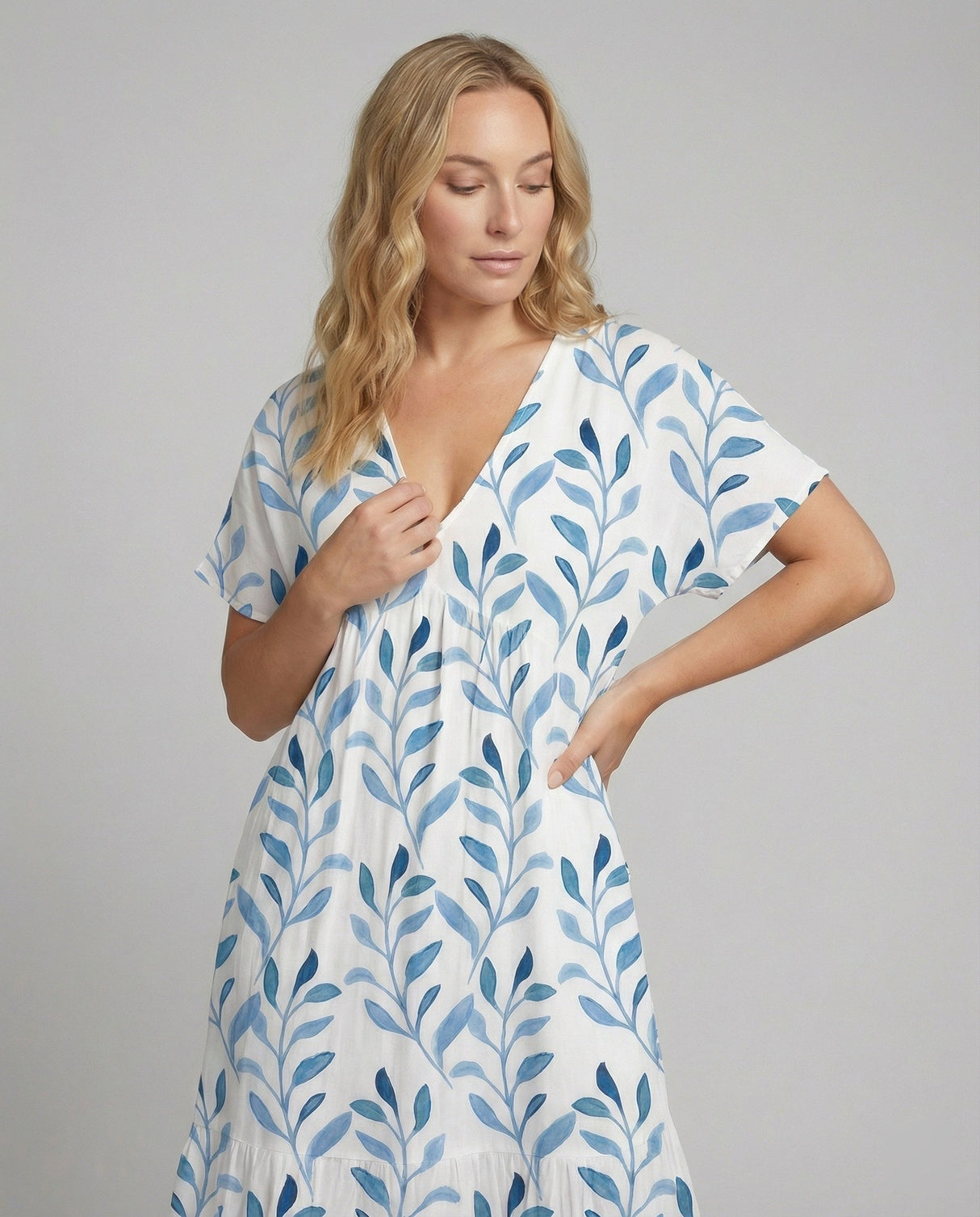 Sukienka Letnia Print Liście Krótki Rękaw Luźna Damska Casual