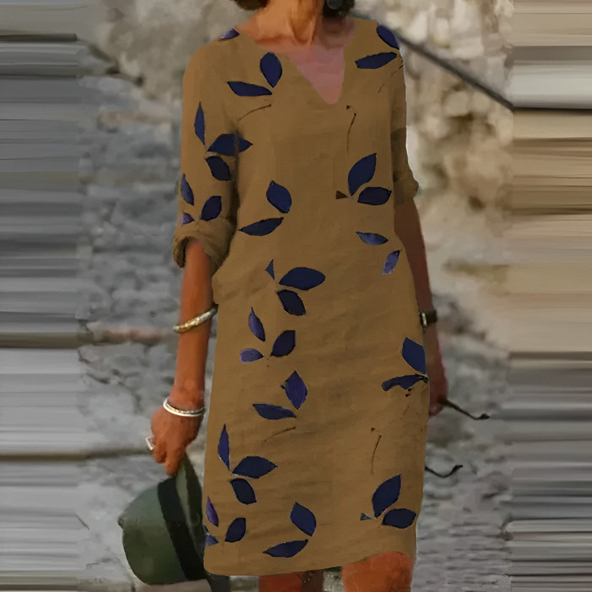 Sukienka Letnia Print Liście Dekolt V Lekka Damska Casual