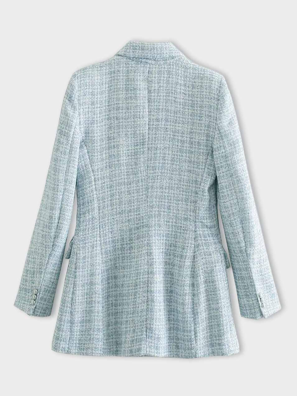 Jasno Niebieska Damska Marynarka Tweedowa – Dwurzędowa, Dopasowana i Elegancka