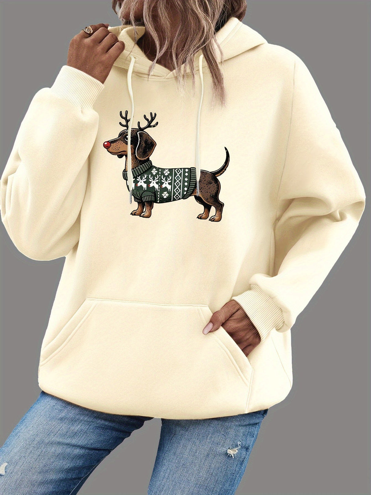 Damska bluza świąteczna z nadrukiem jamnika – ciepła zimowa bluza