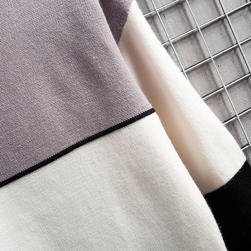 Ciepły Miękki Sweter Patchworkowy Slim Fit Okrągły Dekolt