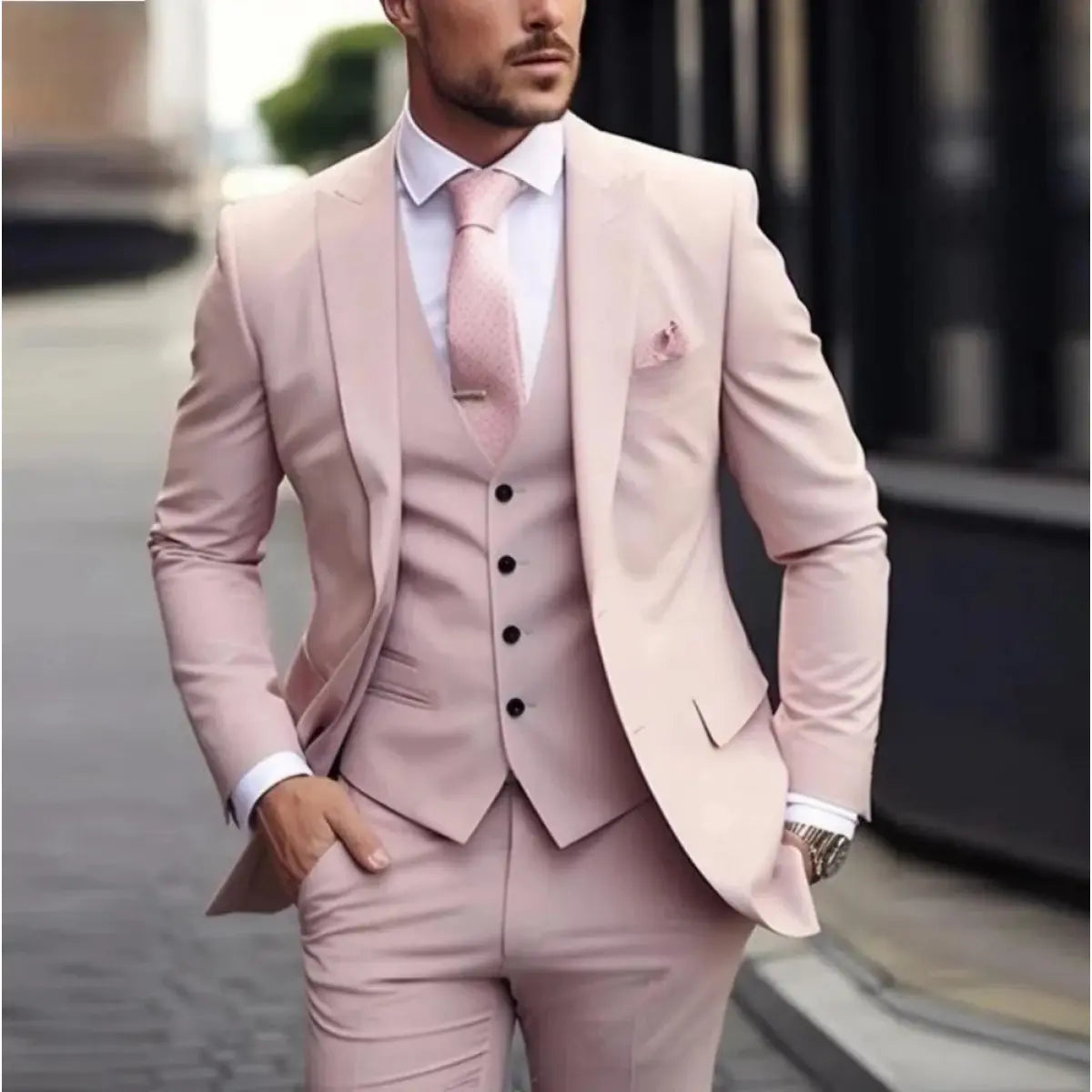 Męski garnitur 3-częściowy Slim Fit – Klasyczny garnitur ślubny z kamizelką