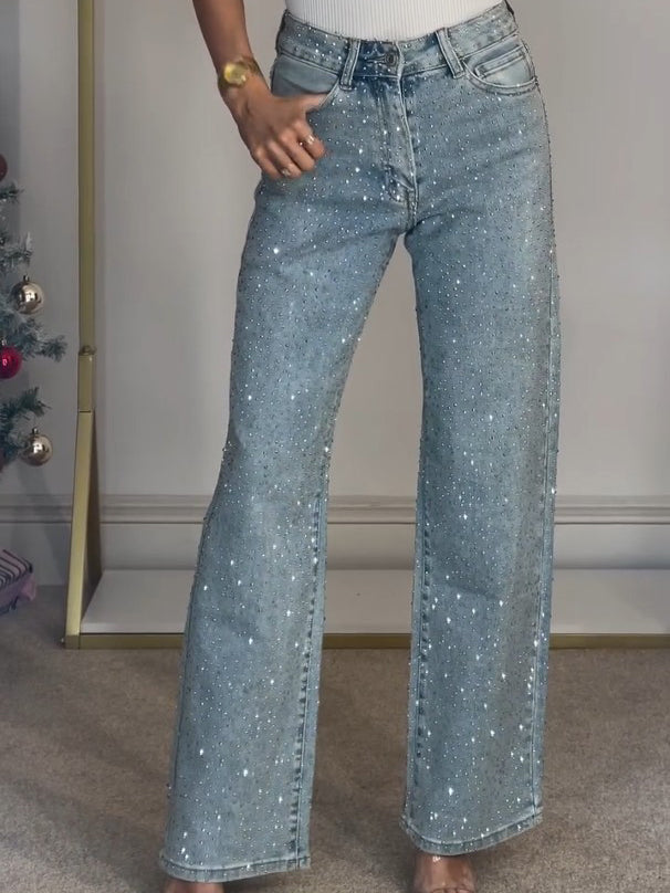 Glitter Jeans dla Kobiet z Wysokim Stanem – Elegancki Niebieski