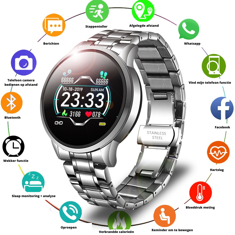 Klasyczny smartwatch z pulsometrem, krokomierzem, IP67, iOS/Android, Bluetooth