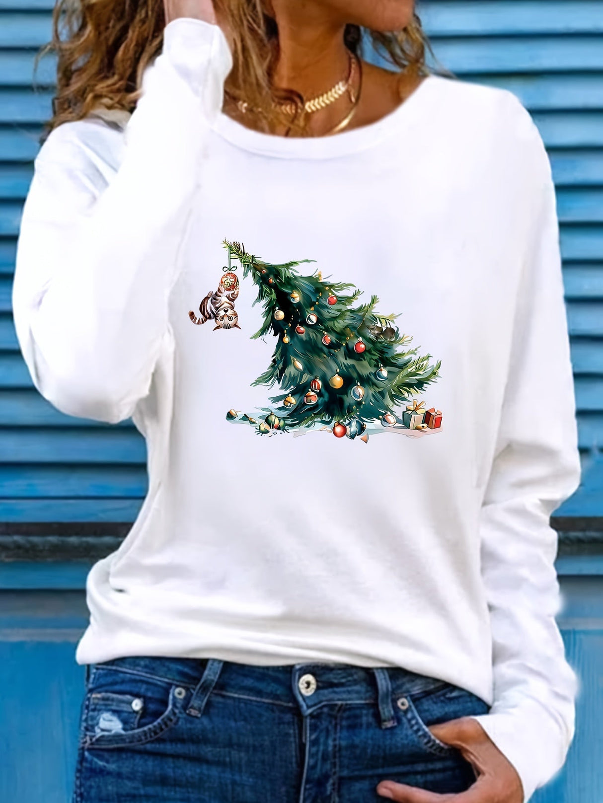 Damski sweter świąteczny z psem i choinką – zimowy sweter
