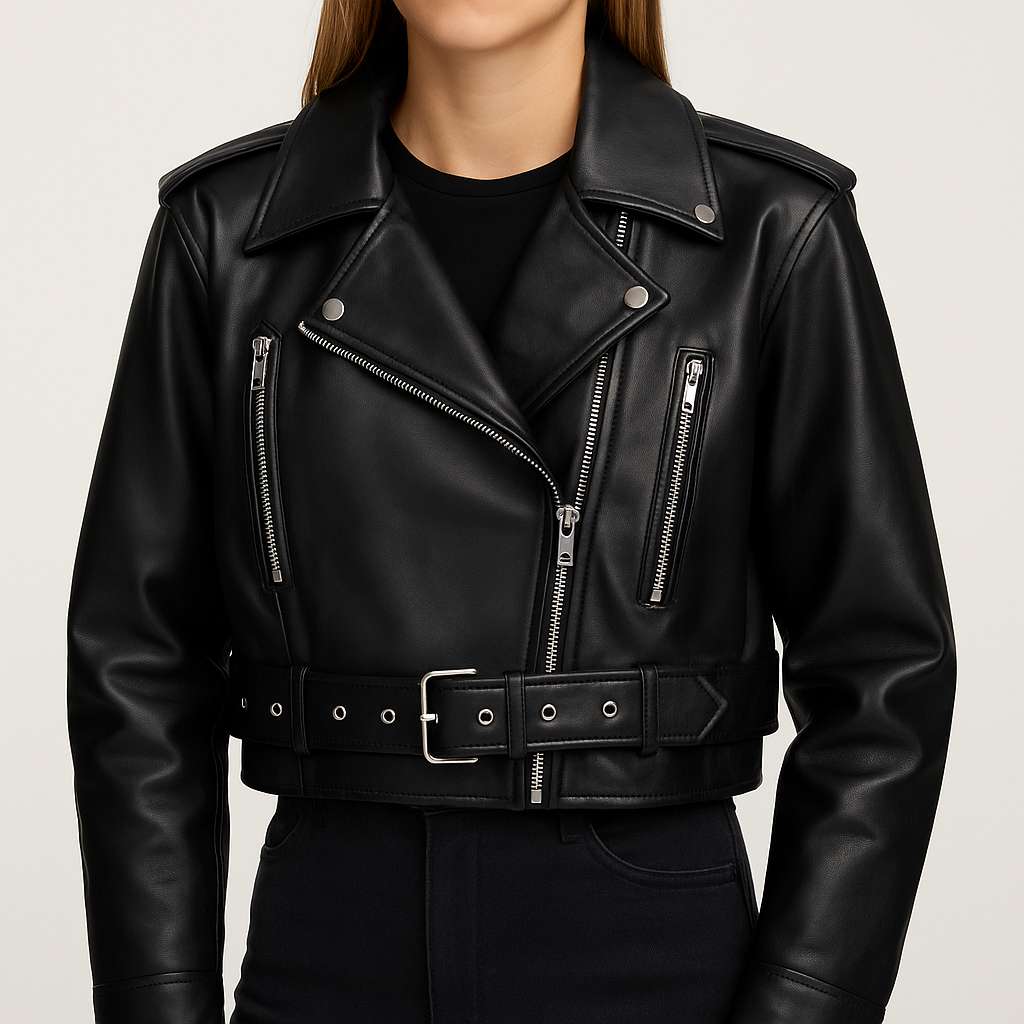 Damska krótka kurtka biker z paskiem i zamkami