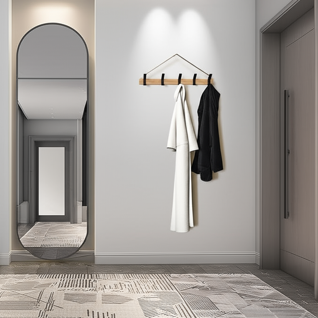 Wieszak ścienny – Regulowane haki – Czarny – Skandynawski design – Do przedpokoju i sypialni – Drewno i aluminium – Wymiary 40 x 7 x 7 cm