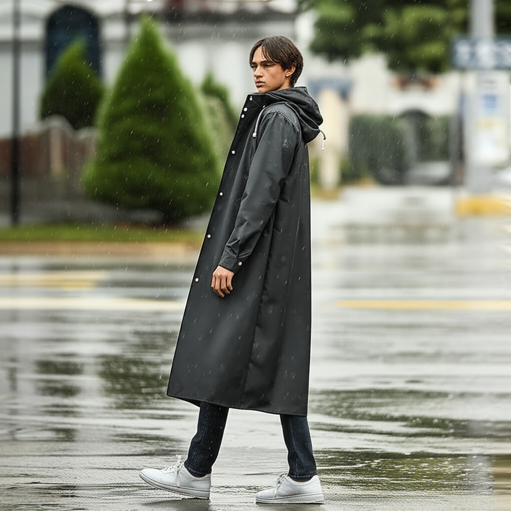 Długa męska kurtka przeciwdeszczowa z kapturem – czarna, wiatro- i wodoodporna
