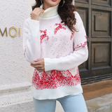 Damski sweter świąteczny – zimowy sweter z czerwonym reniferem i śnieżnym nadrukiem