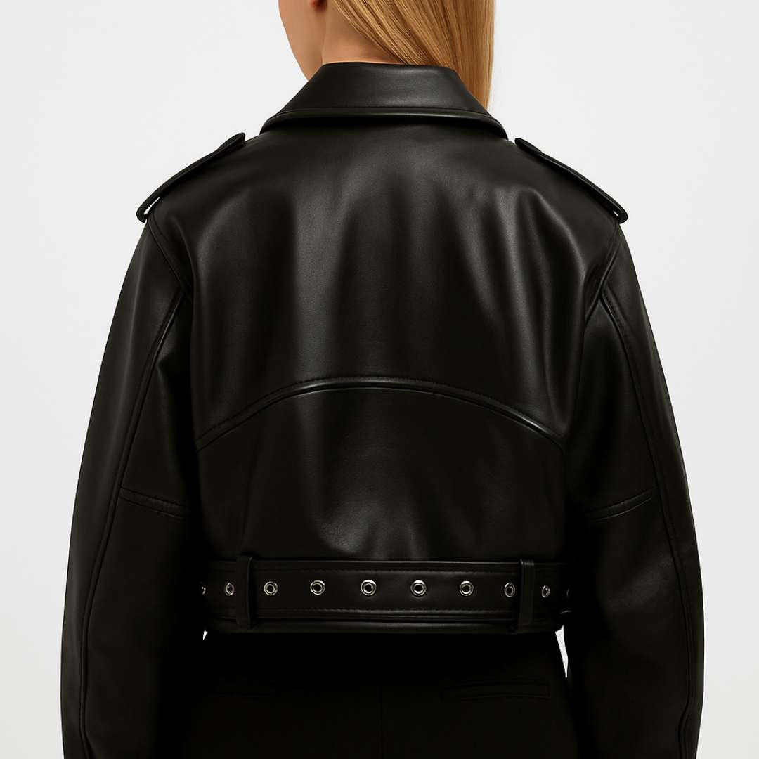 Damska krótka kurtka biker z paskiem i zamkami