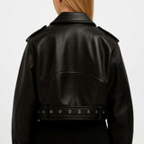 Damska krótka kurtka biker z paskiem i zamkami