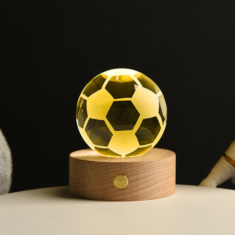 3D Kryształowa Lampa LED – Dekoracyjna Kula Świetlna z Drewnianą Podstawą