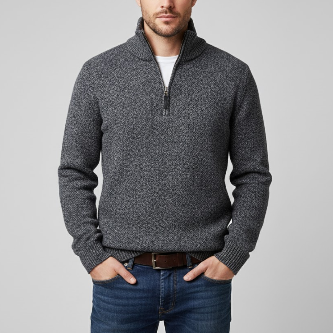 Męski Sweter Dziany z Zamkiem i Stójką