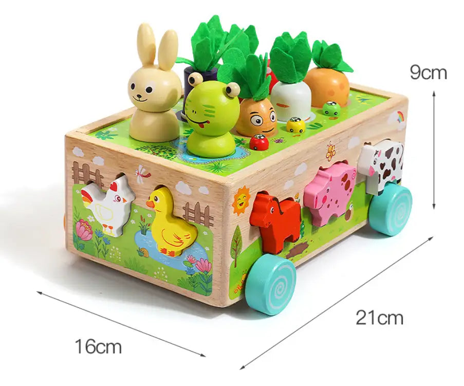 Drewniany Wózek do Zbioru i Sortowania – Edukacyjna Zabawka ze Zwierzętami i Warzywami