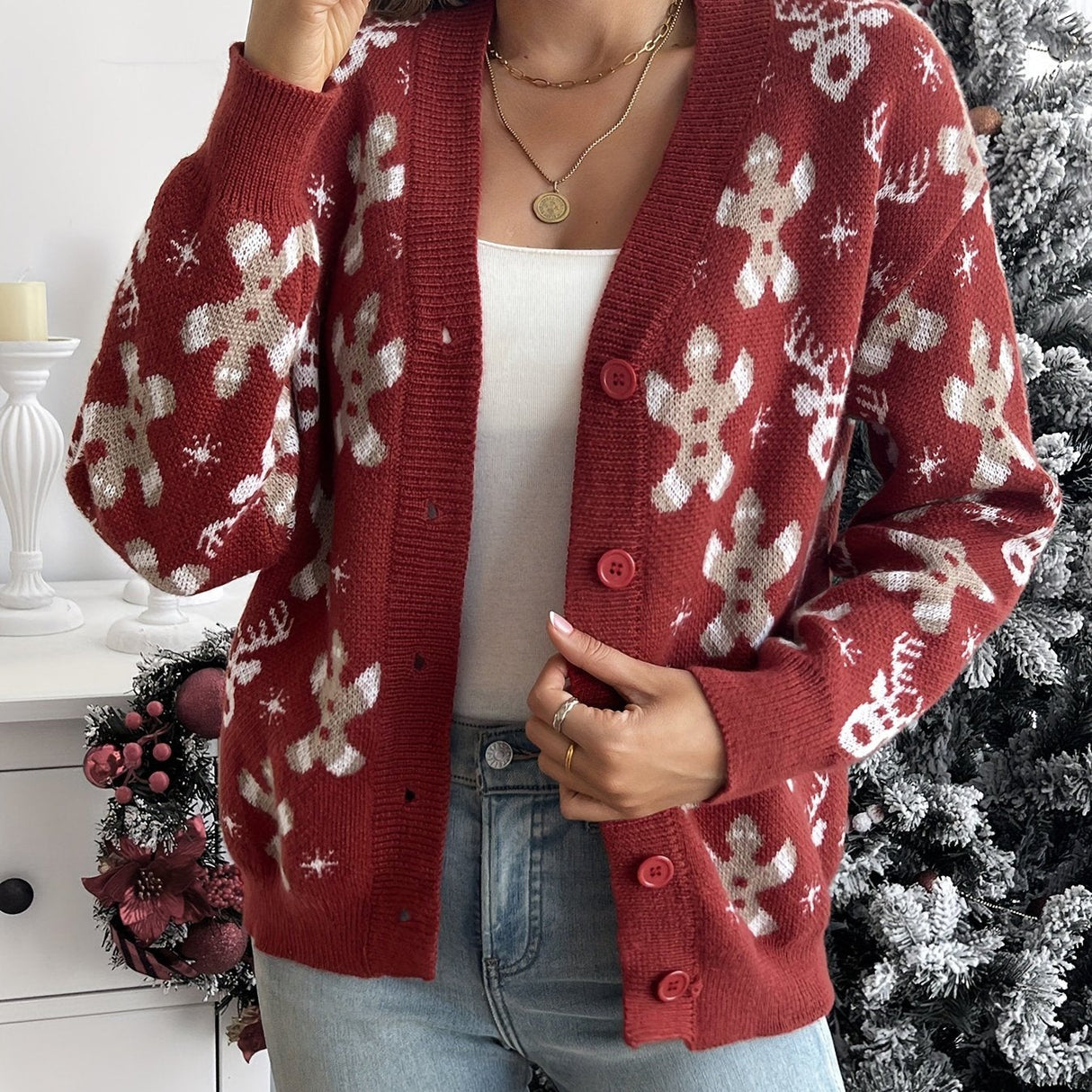 Świąteczny Kardigan z Płatkami Śniegu – Ciepły Damski Sweter Zimowy