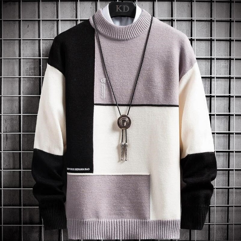 Ciepły Miękki Sweter Patchworkowy Slim Fit Okrągły Dekolt