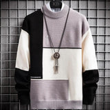 Ciepły Miękki Sweter Patchworkowy Slim Fit Okrągły Dekolt