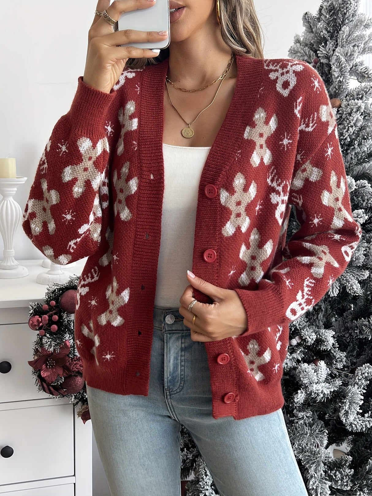 Świąteczny Kardigan z Płatkami Śniegu – Ciepły Damski Sweter Zimowy