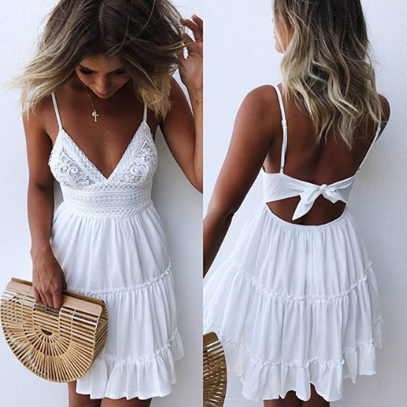 Sukienka Letnia V Dekolt Odkryte Plecy Falbany Elegancka Damska