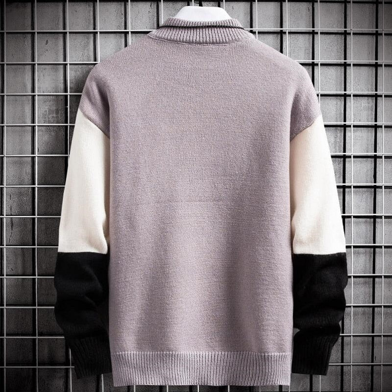 Ciepły Miękki Sweter Patchworkowy Slim Fit Okrągły Dekolt
