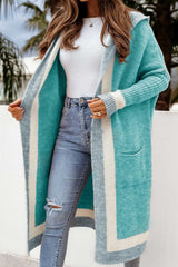 Damska bluza z kapturem kardigan z kontrastowym wzorem – długie jesienne swetry