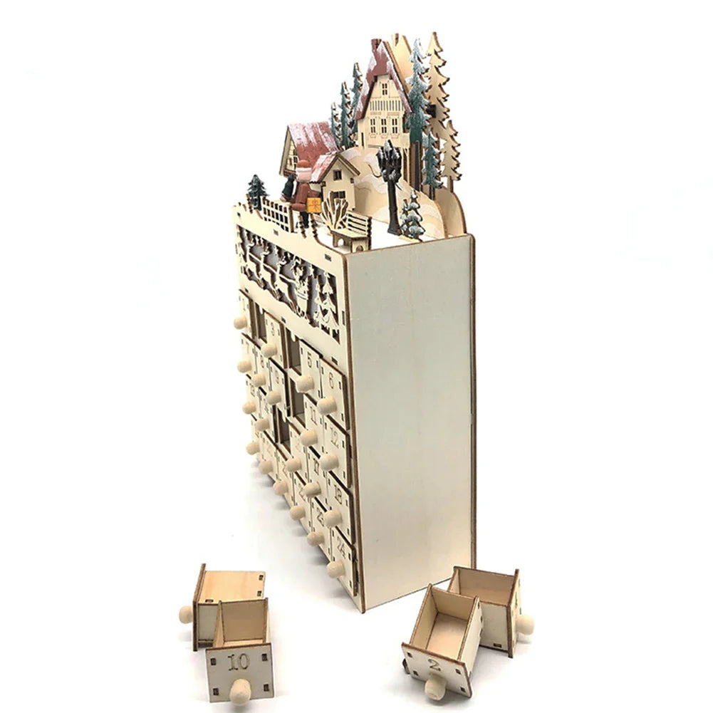 Drewniany Kalendarz Adwentowy z Podświetleniem – Wielokrotnego Użytku Kalendarz Świąteczny 24 Przegródki