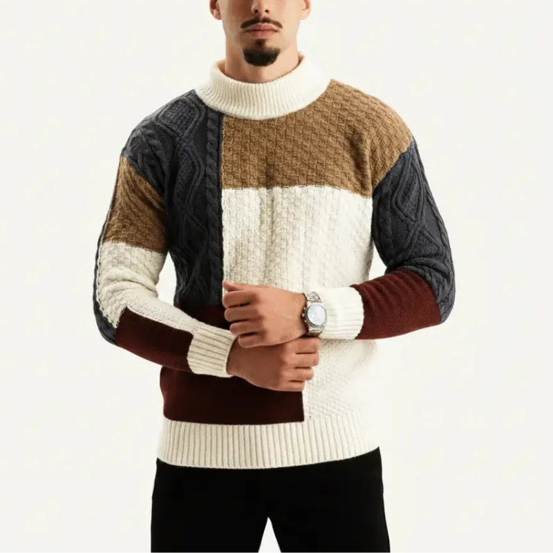 Męski Sweter z Golfem – Stylowy Colorblock Sweter Zimowy