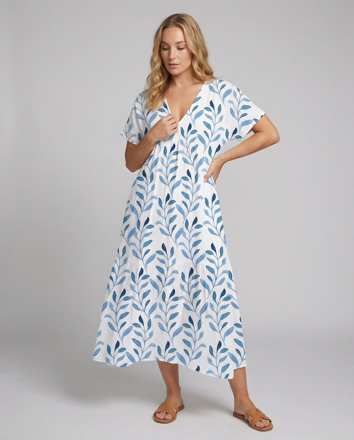 Sukienka Letnia Print Liście Krótki Rękaw Luźna Damska Casual