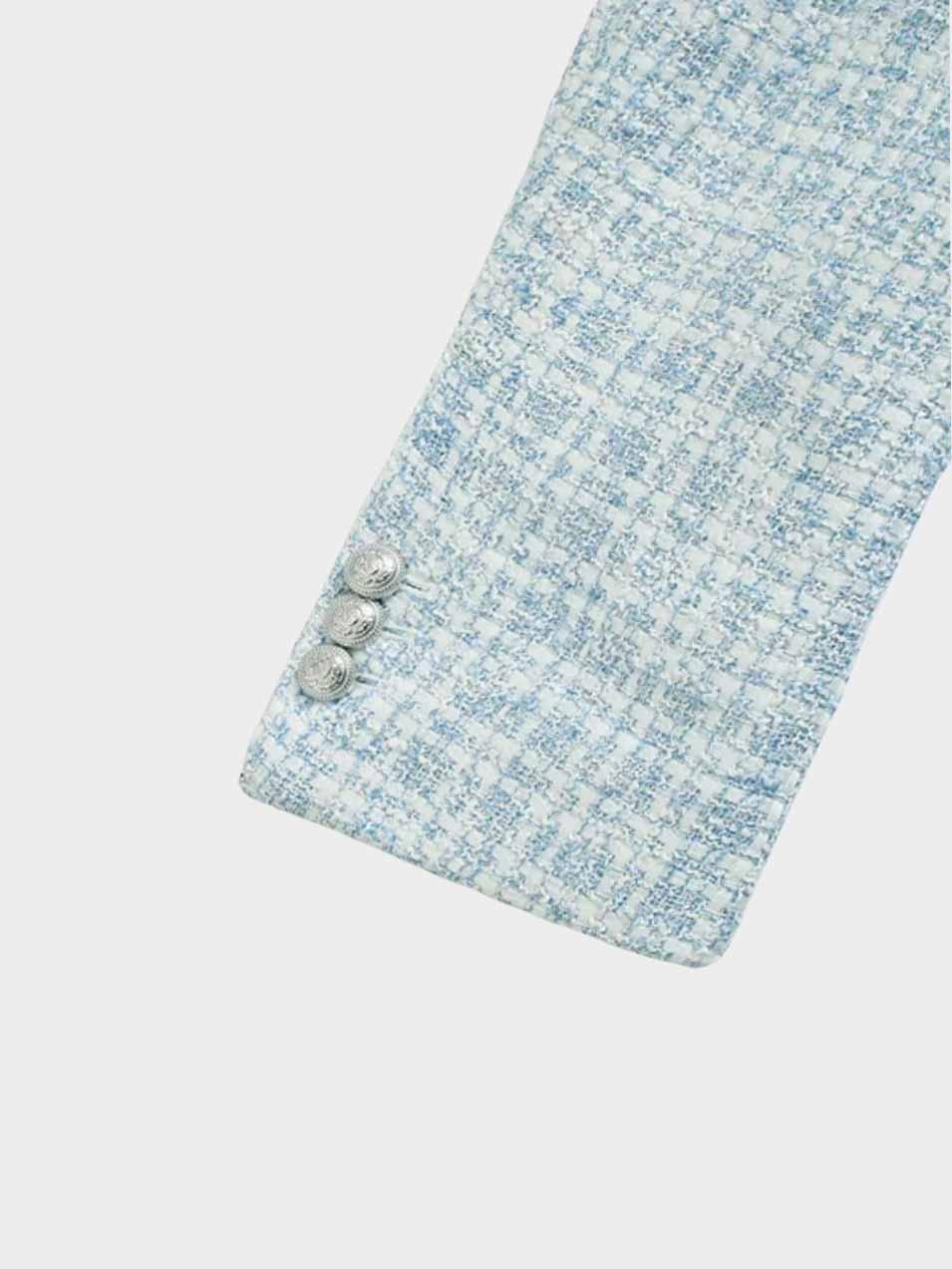 Jasno Niebieska Damska Marynarka Tweedowa – Dwurzędowa, Dopasowana i Elegancka