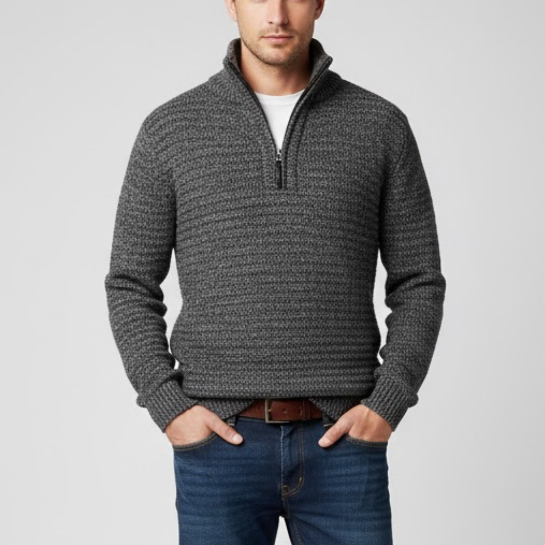 Męski Sweter Dziany z Zamkiem i Stójką