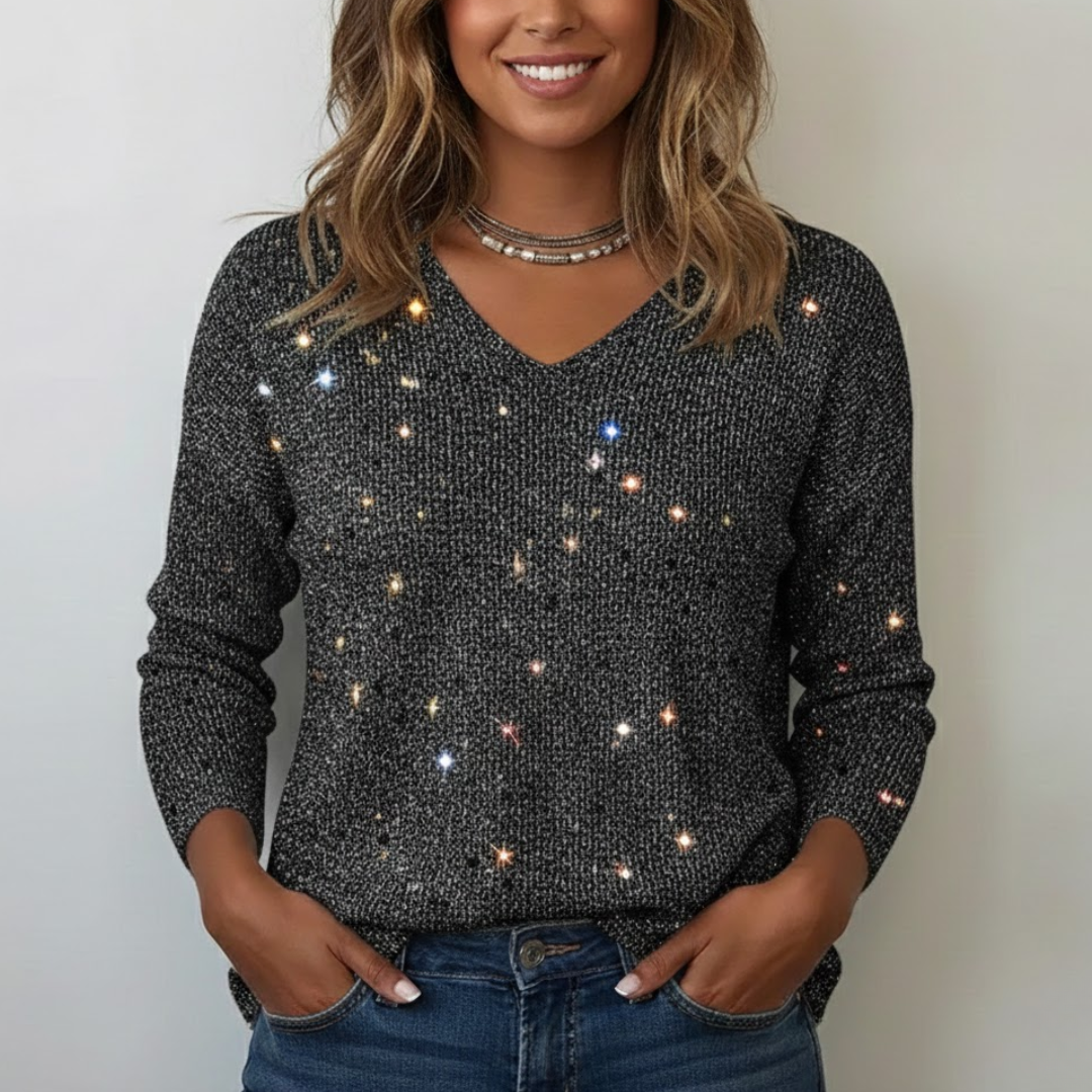 Damski sweter z dekoltem w serek i cekinami – elegancki i modny