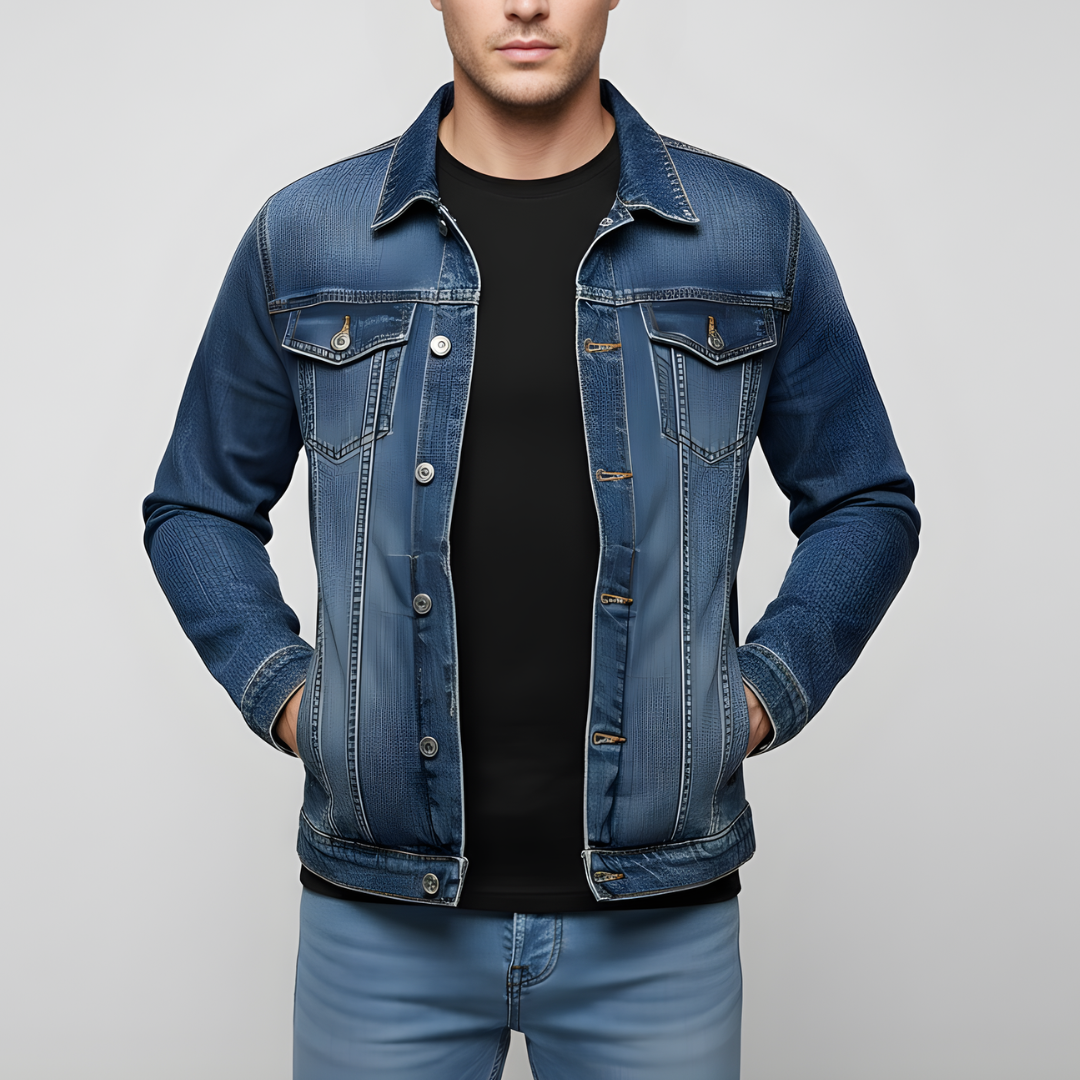 Męska Klasyczna Kurtka Jeansowa z Kieszeniami na Piersi