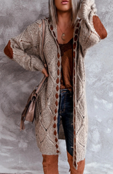 Długi grubo dziergany damski kardigan z kapturem – Oversize
