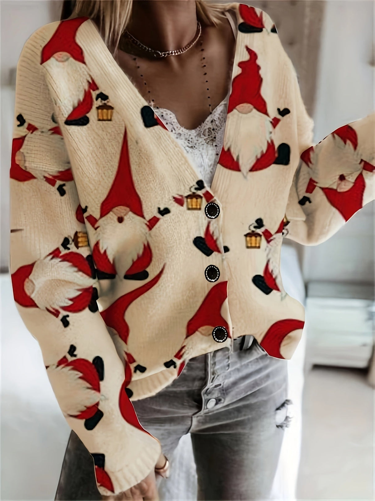 Świąteczny kardigan z reniferami – damski zimowy sweter z świątecznym motywem