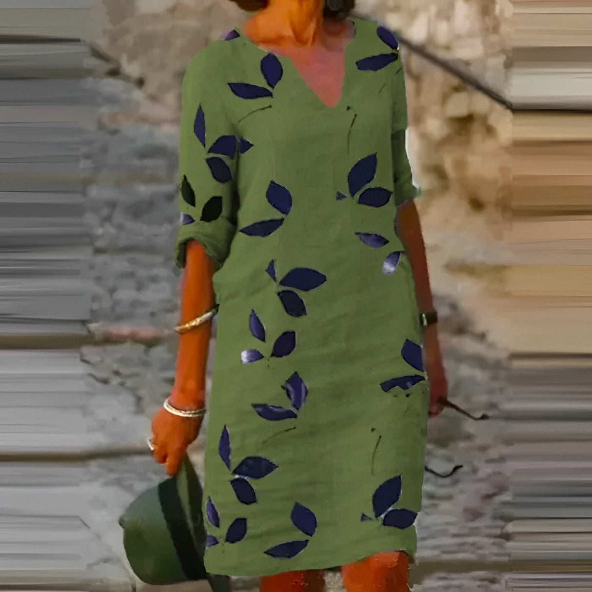 Sukienka Letnia Print Liście Dekolt V Lekka Damska Casual