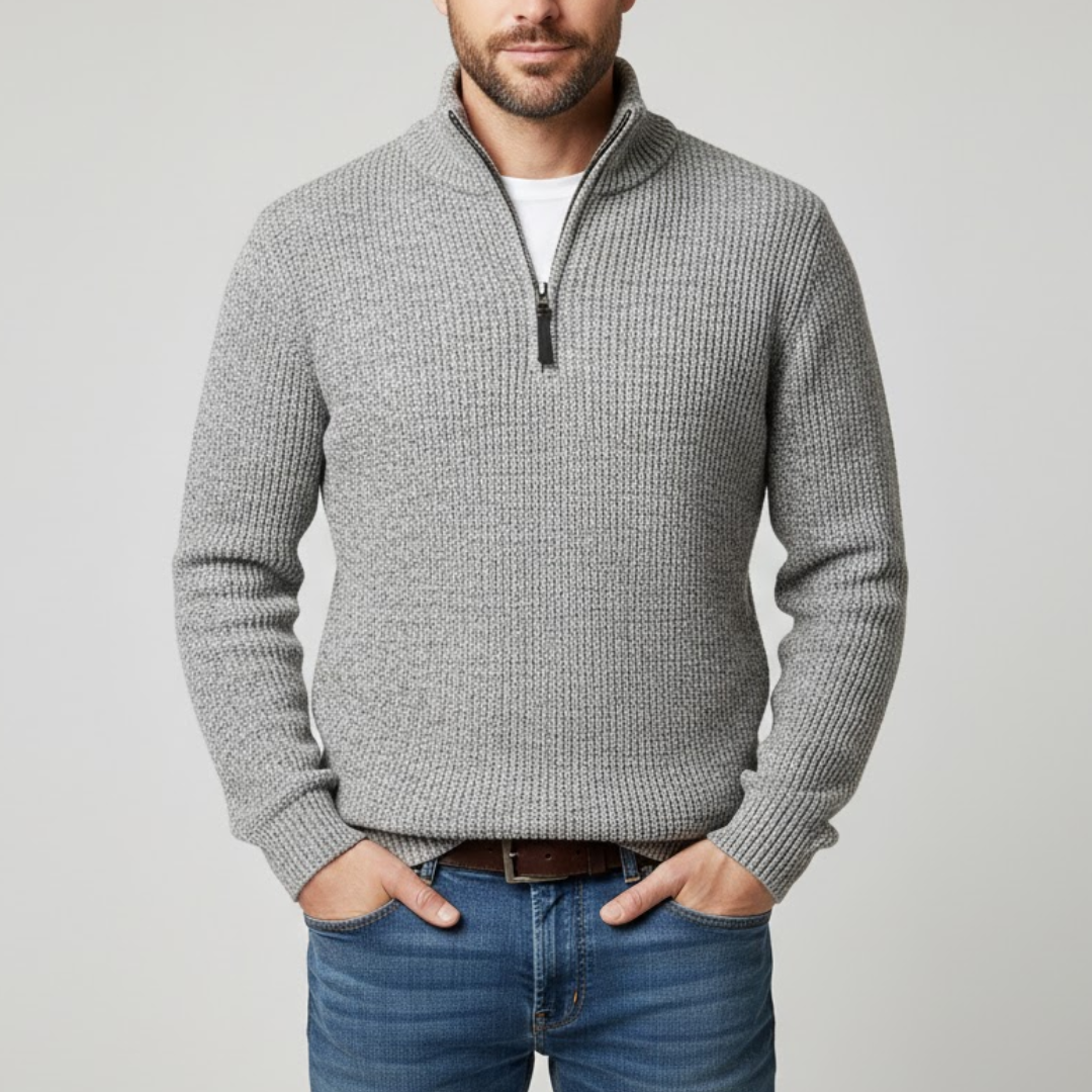 Męski Sweter Dziany z Zamkiem i Stójką