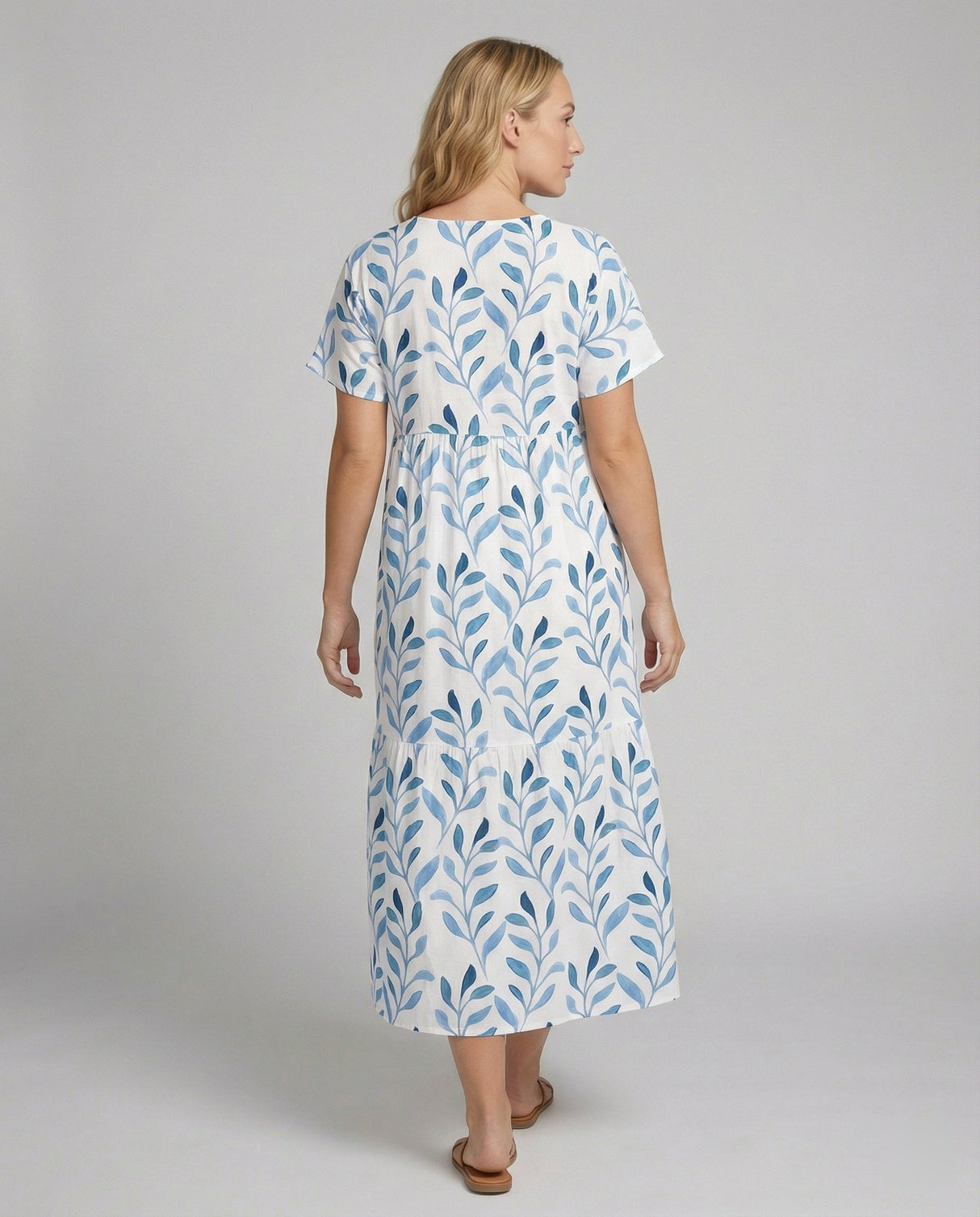 Sukienka Letnia Print Liście Krótki Rękaw Luźna Damska Casual
